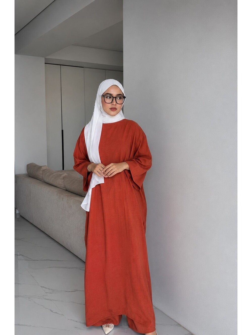Muslim Women's One Size Terracotta Cupro Abaya Set Top & Pants Modest Outfit New